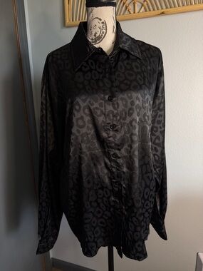 Black Satin Leopard Print Button-Up Shirt